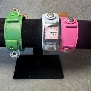 Y2K Roxy Interchangeable Leather Cuff Watch Set Blue Pink Green 3 Bands UNTESTED